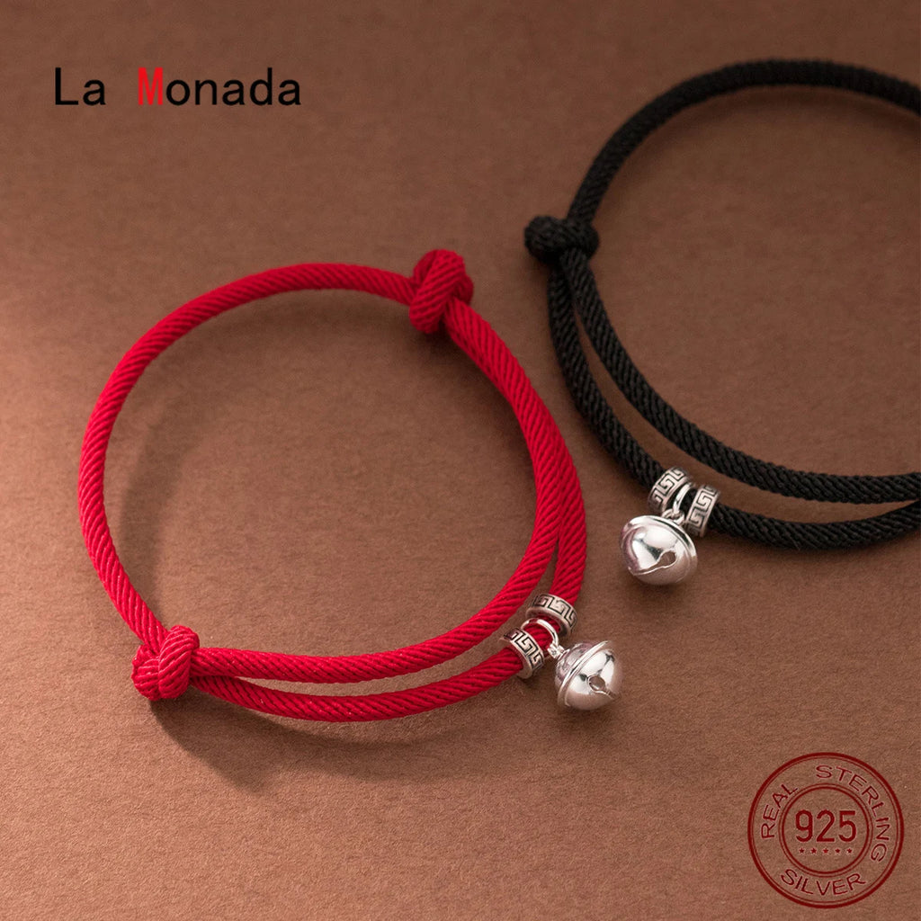 La Monada 15-24cm 925 Sterling Silver Retro Bell Red Rope Bracelets Red Thread Line String Jewelry Bracelets For Women Student
